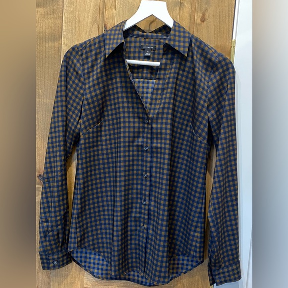 Ann Taylor Navy and Brown Checked Button Down Blouse XS - Picture 17 of 17